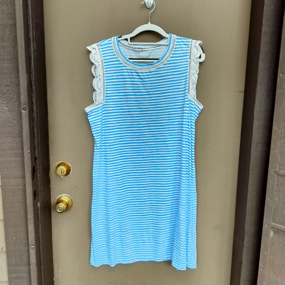 Lilly Pulitzer Blue and White Striped Sleeveless Cotton Dress with Lace Trim - Picture 2 of 8